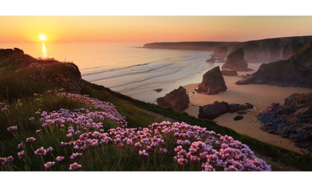 Sunset of Bedruthan Beach with giant steps